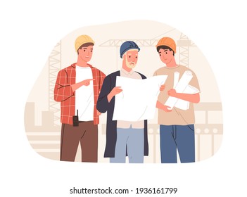 Inspector, manager and foreman discussing building project at construction site. Architect engineer holding real estate drawing. Colored flat vector illustration isolated on white background