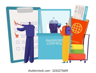 Inspector officer checking passport control, tiny character passing customs inspection flat vector illustration, isolated on white.