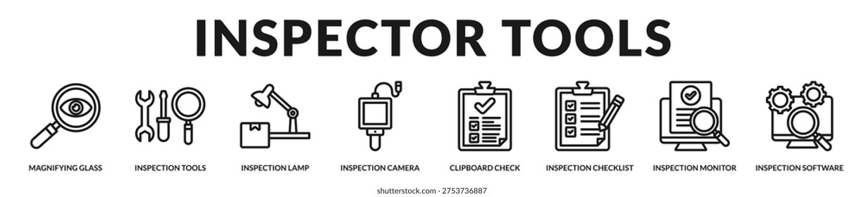 Inspector tools banner presenting professional instruments and systems used in inspection and quality verification processes in Lineal Icon Style