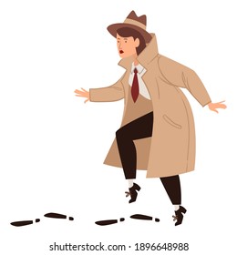 Inspector que trabaja en ropa encubierta y sombrero, mujer aislada que busca al sospechoso. detective privado o agente en trabajo peligroso. Carácter vintage y anticuado, vector de estilo plano