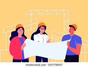 Inspector,Foreman en hardhat en el sitio de construcción.Supervisor manager controlando el proceso de construcción.Foreman discute el proyecto de construcción. Una mujer muestra un dibujo de diseño inmobiliario. Ilustración del vector