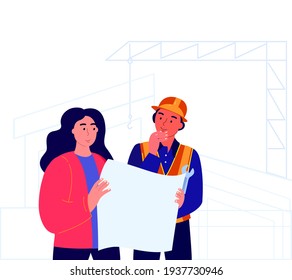 Inspector,Foreman in hardhat at Construction Site.Supervisor manager Controlling Building Process.Foreman Discussing Building Project. Woman show Real Estate Design Layout Drawing. Vector illustration