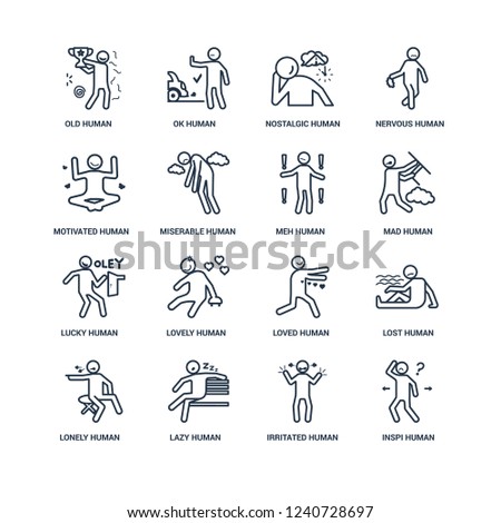 inspi human, irritated lazy lonely lost old motivated lucky meh human outline vector icons from 16 set