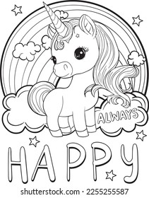 Inspiración. Siempre Feliz. Caricatura de Cute unicorn. Día de San Valentín.  Mano dibujada con líneas en blanco y negro. Colores para adultos y niños. Ilustración vectorial.