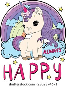 Inspiration. Always Happy. Cute unicorn cartoon. Valentine's day.  Hand drawn with black and white lines. Coloring for adults and kids. Vector Illustration.