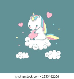 Inspiration Baby Unicorn on Cloud Love Print. Morning Motivational Positive Sweet Poster Colorful Design. Funny Cute Pony with Heart for Fairytale Doodle Flat Cartoon Vector Illustration