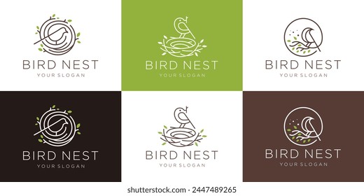 inspiration bird nest logo design template. minimalist logo bird mono line, line roots symbol and leaf green vector illustration.