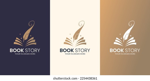 inspiration of book story feather logo design. note and quill logo design set collection.