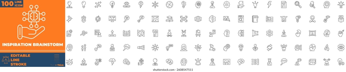Inspiration Brainstorm Line Editable Icons set. Vector illustration in modern thin line style of inspiration brainstorm icons: Creative idea, brainstorming, solution, thinking innovation, etc