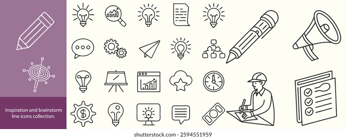Inspiration and brainstorm line icons collection