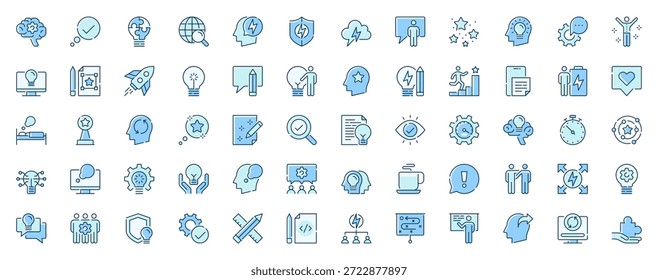 Inspiration und Brainstorming Web-Symbole im Liniendesign. Duotone Piktogramm Paket von Idee, Problem lösen, Forschung, Innovation, Lösung, Denken, mehr Umriss Strichzeichen. Vektorgrafik.