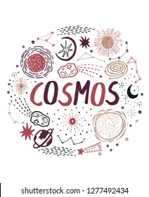 Inspiration card text -Cosmos sketch hand drawn with space, star, cloud, sun, moon, comet. Doodle style. Elements for design. Vector illustration