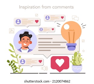 Inspiration from comments. Content strategy development. Social media content manager guidance. How create visual content. Digital promotion technology. Flat vector illustration