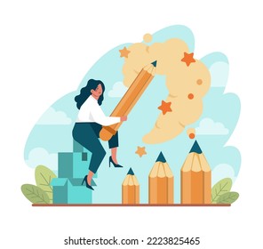 Inspiration concept. Creative character generating new ideas. Person with good imagination. Inspired employee for career goals achievement. Flat vector illustration