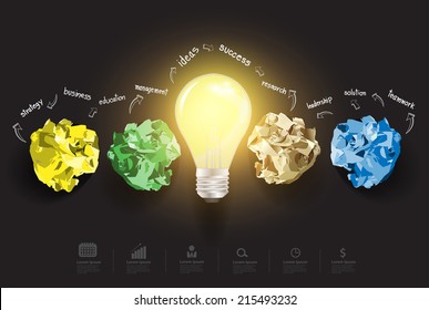 Inspiration concept creative light bulb with crumpled colourful paper great idea, With business icons set info graphic banner layout, diagram, step up options, Vector illustration modern design 