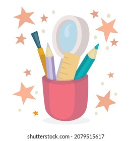 Inspiration concept illustration. Drawing supplies cartoon style, hand drawn graphic. Pencils, brush, ruler magnifier in holder and stars on white background. Part of set.