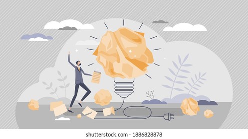 Inspiration or creative idea as crumpled paper light bulb tiny person concept