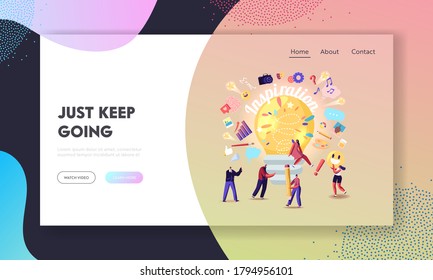 Inspiration, Creative Idea Landing Page Template. Tiny Characters around Huge Light Bulb, Woman Sitting on Lamp. Team Searching New Insights for Project Development. Cartoon People Vector Illustration