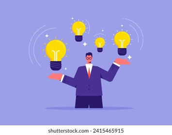 Concepto de inspiración y creatividad, innovación, creación de negocios o inspiración para alcanzar el objetivo del éxito, empresario con proceso de pensamiento y buenas ideas