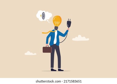 Inspiration or creativity to think of solution or solving business problem, imagination or innovation to success, brilliant idea, businessman with lightbulb head try to find electricity to light up.