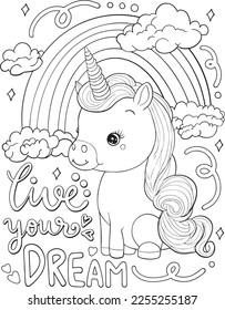 Inspiration. Cute unicorn cartoon and rainbow. Valentine's day.  Hand drawn with black and white lines. Coloring for adults and kids. Vector Illustration.