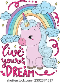 Inspiration. Cute unicorn cartoon and rainbow. Valentine's day.  Hand drawn with black and white lines. Coloring for adults and kids. Vector Illustration.