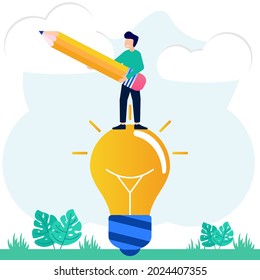 Inspiration and discovery flat style vector illustration. Writing as a creative idea. Project development with imaginative thinking and a creative approach.