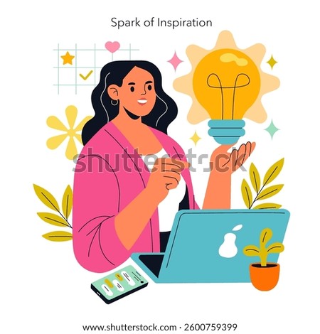 Inspiration drives creativity in the modern workspace. A woman with a laptop, offering ideas symbolized by a light bulb and flourishing plants reflects innovation and motivation in work.