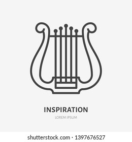 Inspiration flat line icon. Vector thin sign of lyre, harp logo. Ancient musical instrument outline illustration.