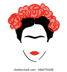 Inspiration Frida Kahlo, Mexican woman, hairstyle concept, vector isolated on white background. For cards, posters, stickers and professional design.