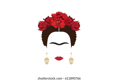 inspiration Frida, portrait of modern Mexican woman with skull earrings, vector illustration isolated with background transparent. Dia de los muertos concept 