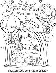 Inspiration. Hello Weekend. Cute bunny cartoon and cupcakes. Valentine's day.  Hand drawn with black and white lines. Coloring for adults and kids. Vector Illustration.