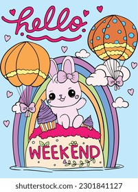 Inspiration. Hello Weekend. Cute bunny cartoon and cupcakes. Valentine's day.  Hand drawn with black and white lines. Coloring for adults and kids. Vector Illustration.