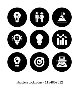 inspiration icon. 9 inspiration set with idea, lightbulb, mission and goal vector icons for web and mobile app