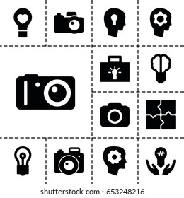 Inspiration icon. set of 13 filled inspirationicons such as gear in head, puzzle, bulb, bulb heart, camera