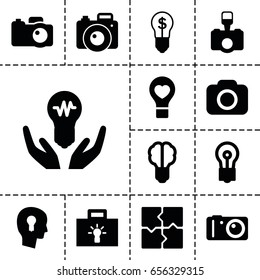 Inspiration icon. set of 13 filled inspirationicons such as puzzle, bulb, bulb heart, camera