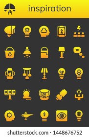 inspiration icon set. 26 filled inspiration icons.  Collection Of - Lamp, Brainstorming, Lightbulb, Thinking, Motivation, Paint bucket, Eco bulb, Illumination, Inspiration, Capture