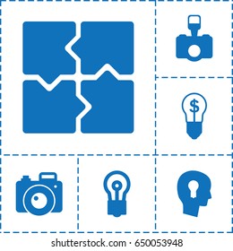 Inspiration icon. set of 6 inspiration filled icons such as puzzle, bulb, camera, keyhole in head
