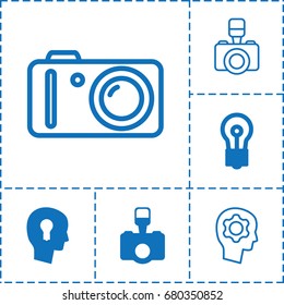Inspiration icon. set of 6 inspiration filled and outline icons such as bulb, camera, keyhole in head