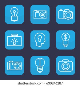 Inspiration icon. set of 9 outline inspiration icons such as bulb, camera, keyhole in head, bulb with dollar