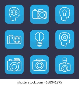 Inspiration icon. set of 9 outline inspiration icons such as gear in head, camera, keyhole in head