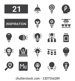 inspiration icon set. Collection of 21 filled inspiration icons included Idea, Muse, Lightbulb, Lights, Inspiration, Light, Paint can, Bulb, Brainstorm, Lamp