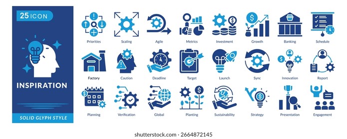 conjunto de ícones de inspiração coleção em estilo de estrutura de tópicos. um pacote de ícones contém inovação, relatório, planejamento, verificação, global, plantio, sustentabilidade, estratégia, apresentação, compromisso