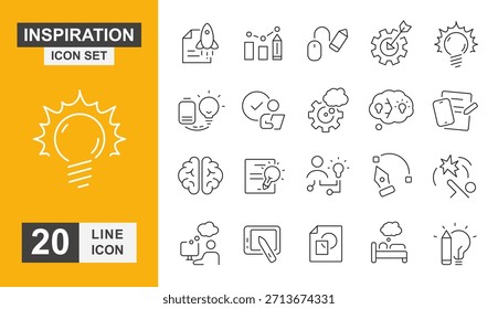 inspiration icon set. idea, brain, creative, brainstorm, strategy and more line icon.