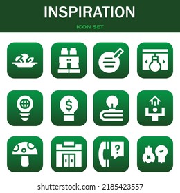 conjunto de iconos de inspiración. Ilustraciones vectoriales relacionadas con hongos, binoculares y escritores