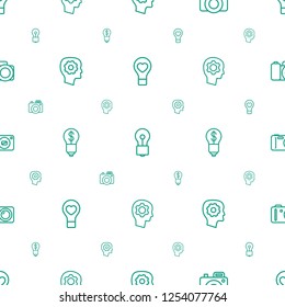 inspiration icons pattern seamless white background. Included editable outline bulb heart, bulb, camera, gear in head, bulb with dollar icons. inspiration icons for web and mobile.