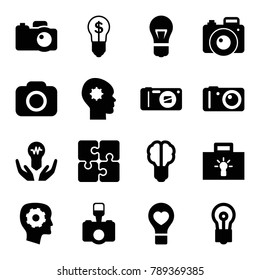 Inspiration icons. set of 16 editable filled inspiration icons such as gear in head, bulb, brain bulb, camera
