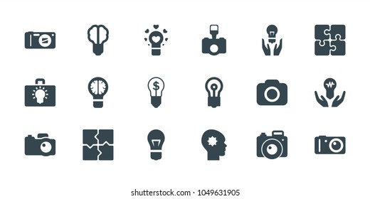 Inspiration icons. set of 18 editable filled inspiration icons: puzzle, bulb, brain bulb, camera