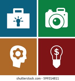 inspiration icons set. Set of 4 inspiration filled icons such as gear in head, camera, bulb