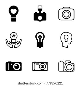 Inspiration icons. set of 9 editable filled and outline inspiration icons such as bulb, bulb heart, camera, bulb in hand